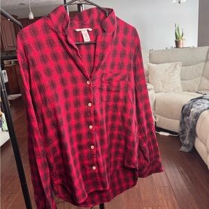 Victoria’s Secret Red & Black Shimmery Flannel Top | Long Sleeve | Small